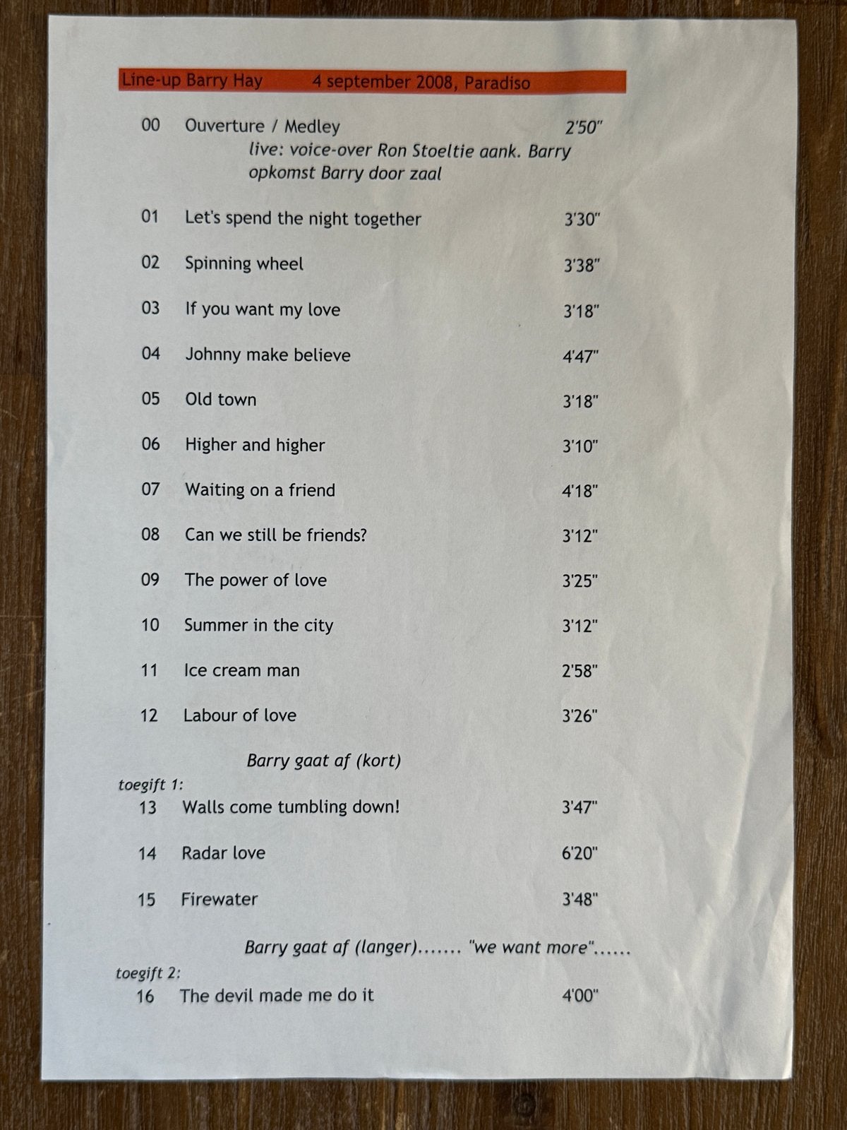 Setlist Barry Hay & Metropole Big Band 4-9-2008 Paradiso (3), Ophalen of Verzenden, Boek, Tijdschrift of Artikel