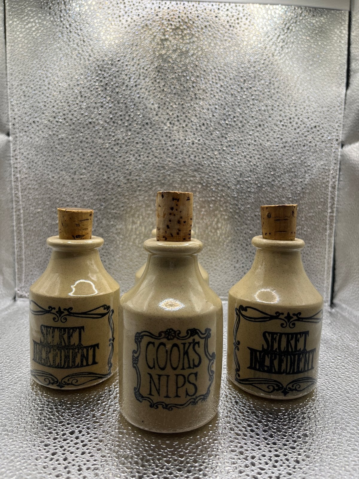 Set van 4 vintage kruidenpotjes met kurk - Secret Ingredient, Ophalen of Verzenden