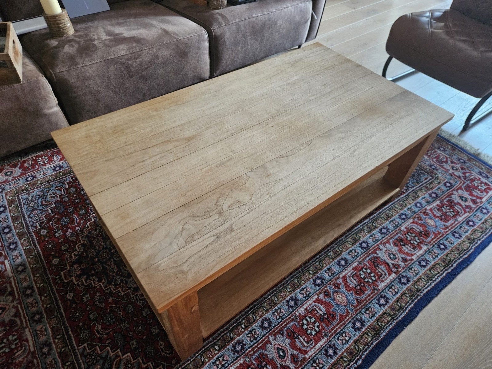 Robuuste Teakhouten Salontafel met Opbergplank, Ophalen, Gebruikt, 50 tot 100 cm, 100 tot 150 cm