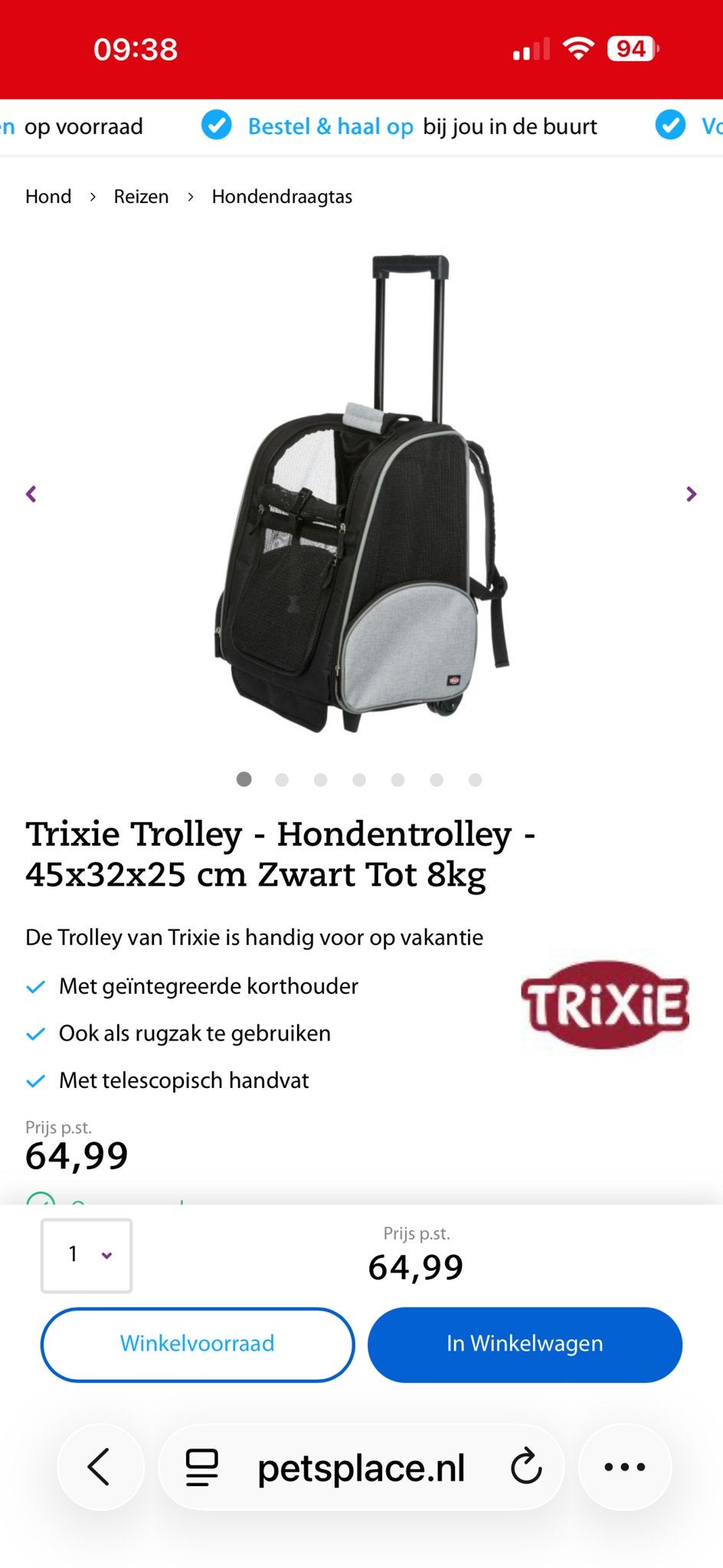 Trixie trolley, rugzak, reisbeach, Dieren en Toebehoren, Ophalen, Zo goed als nieuw