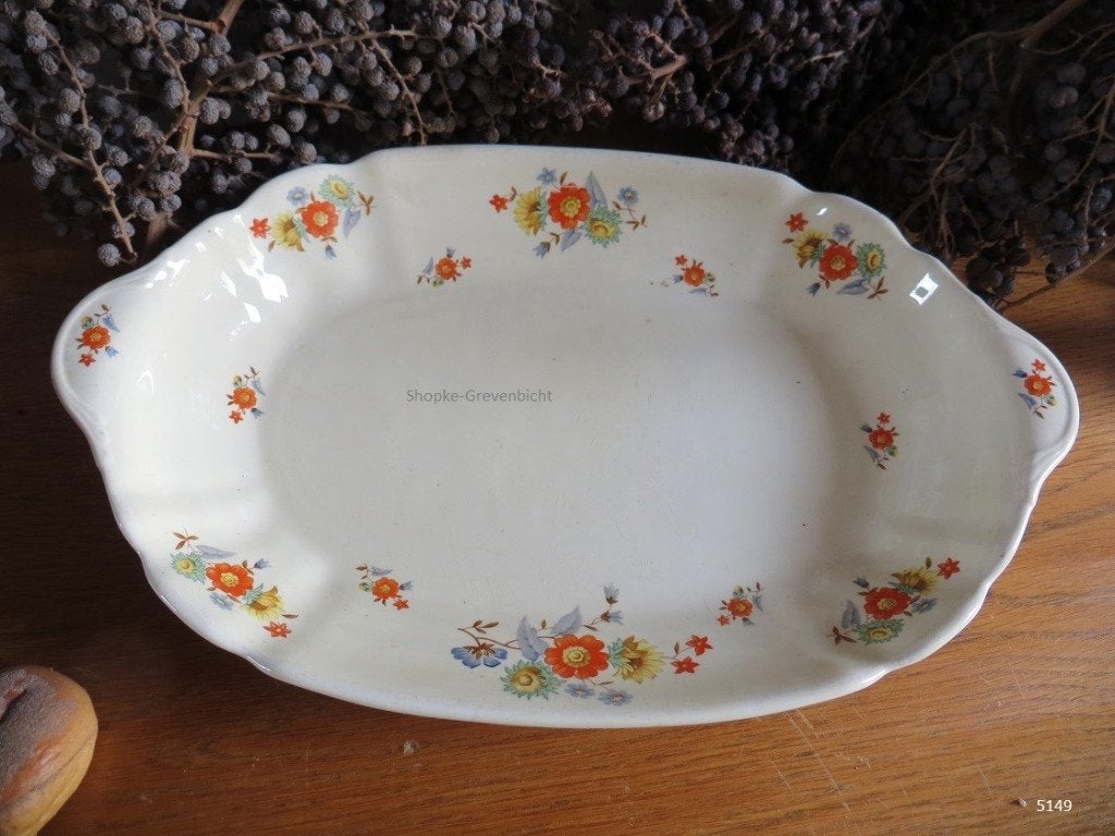 Vintage ovale schaal met bloemendecoratie, Antiek en Kunst, Ophalen of Verzenden