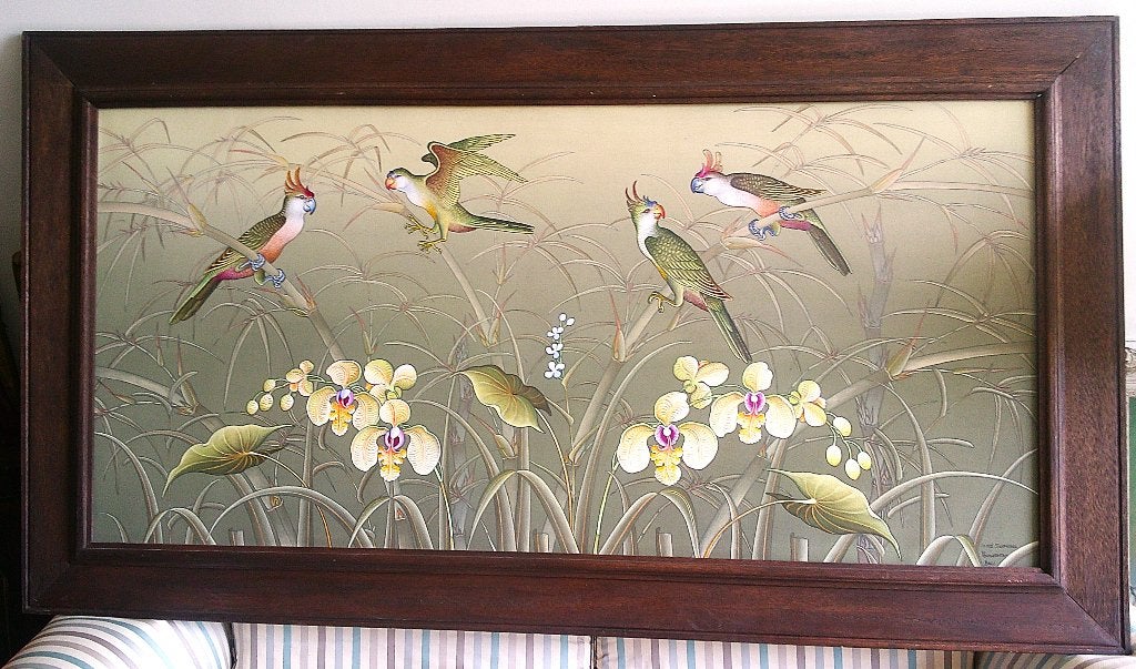 Groot) - Vogels, bloemen, planten ca.1980 - Balinese School, Antiek en Kunst, Kunst | Schilderijen | Klassiek, Ophalen, Doek, Realistisch