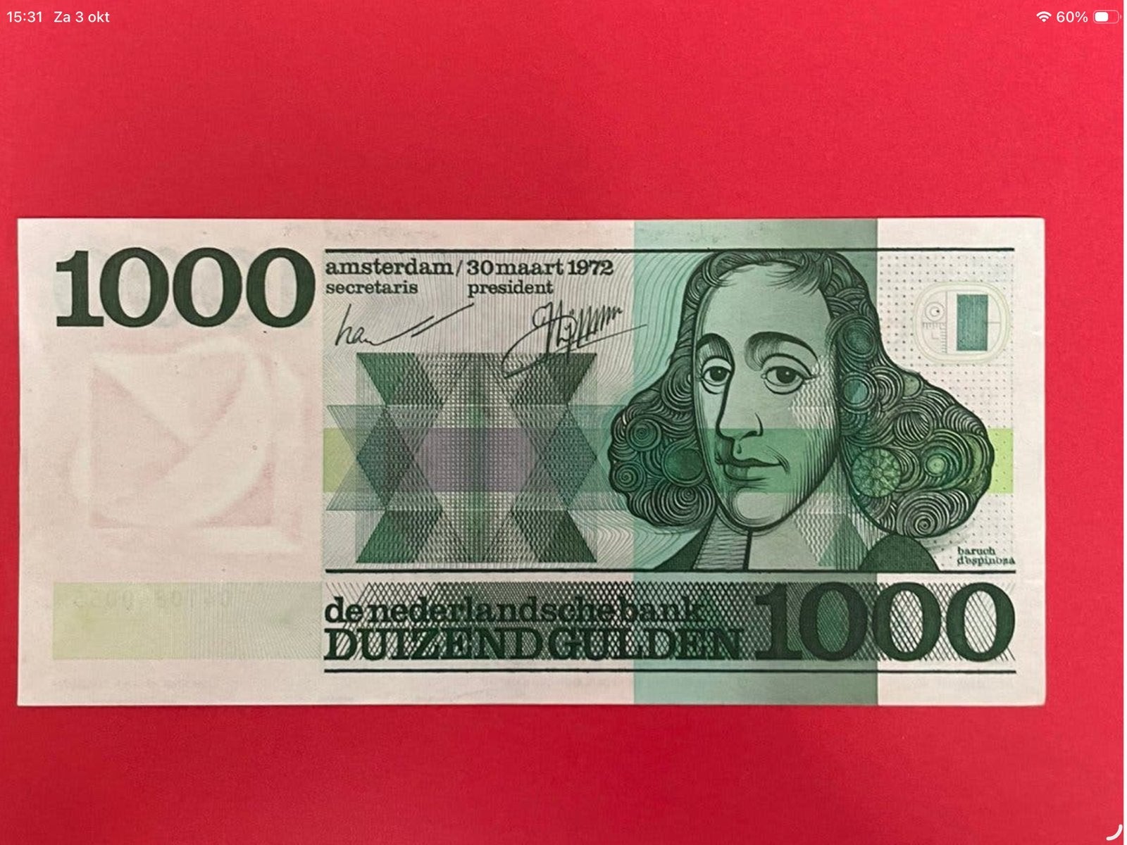 1000 gulden Spinoza 1972 UNC-, Ophalen of Verzenden, 1000 gulden