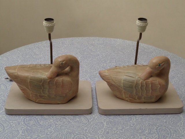 Vintage Lampen met de Hand Uitgehouwen Eend  ( 2 stuks ), Met schakelaar, Overige merken, Vintage, Overige kleuren
