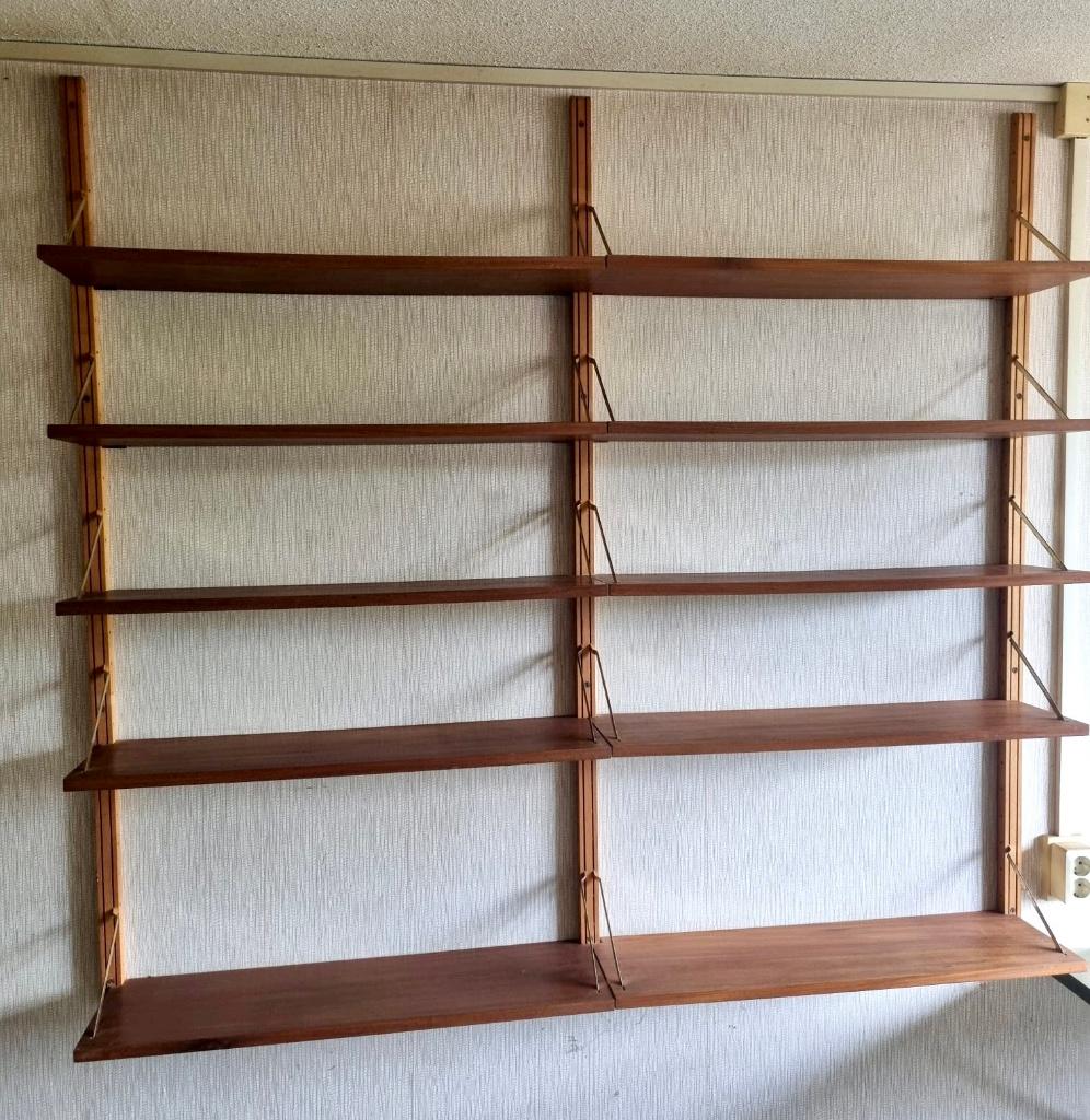 Vintage Deens modulair wandsysteem teakhout en messing # 186, Met plank(en), Gebruikt, 150 tot 200 cm, Teakhout