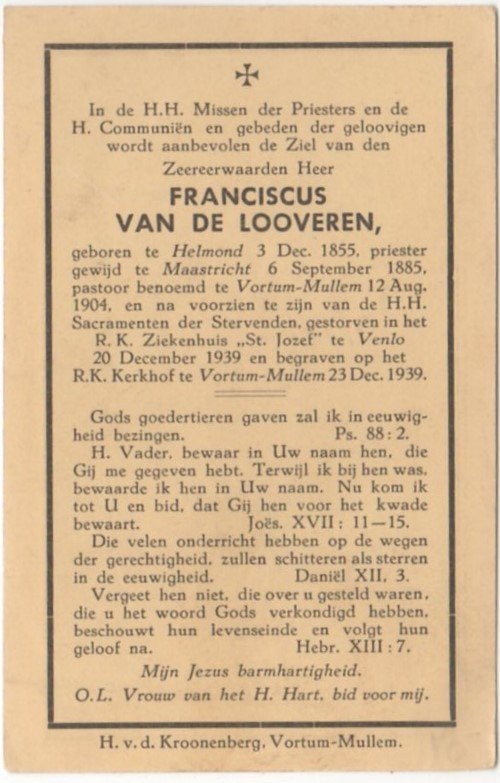 pastoor Franciscus van de Looveren 1855 Helmond + 1939 Venlo, Verzamelen, Bidprentjes en Rouwkaarten, Verzenden