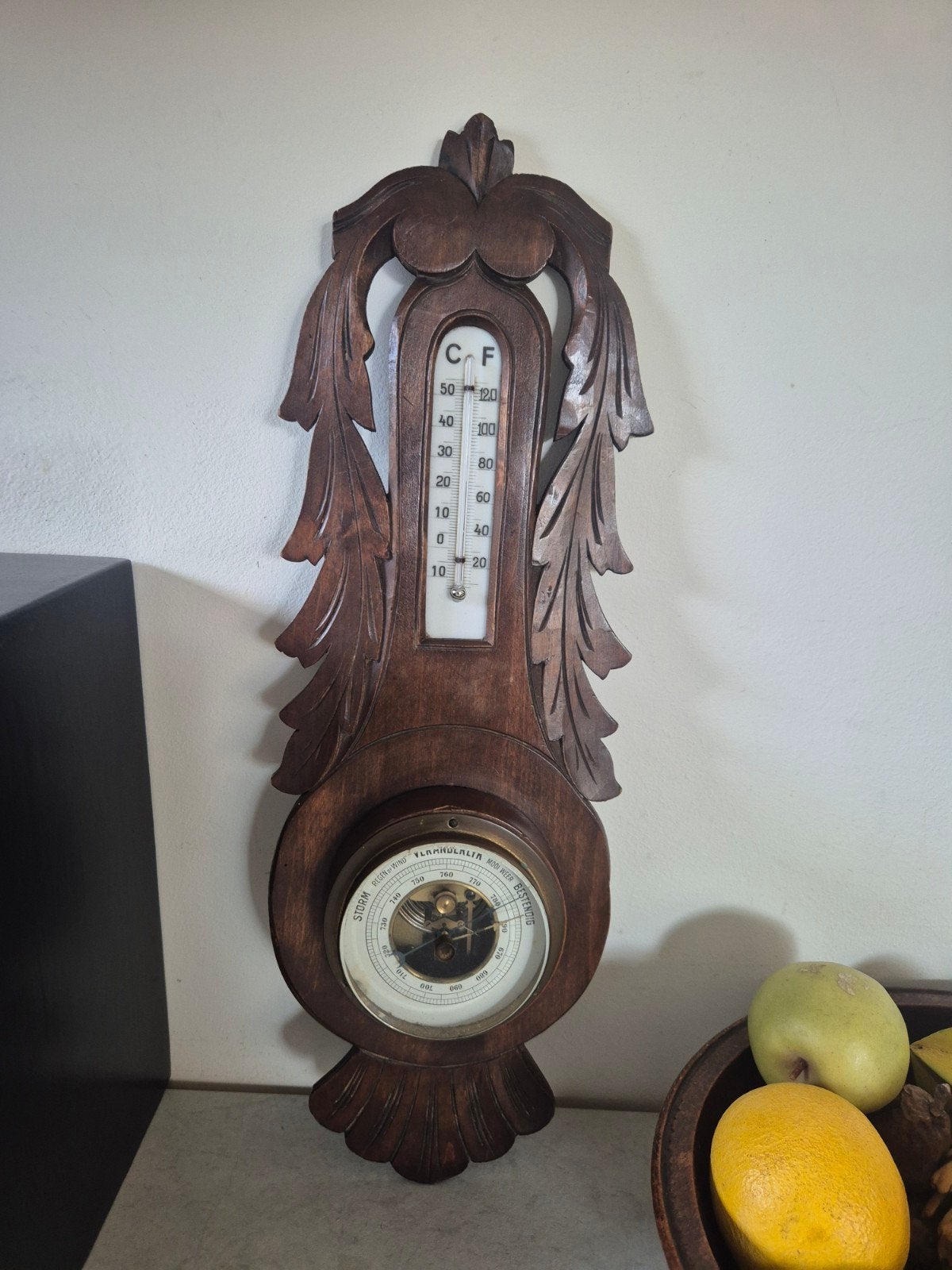 Antieke houten barometer met thermometer, Ophalen of Verzenden, Gebruikt, Barometer
