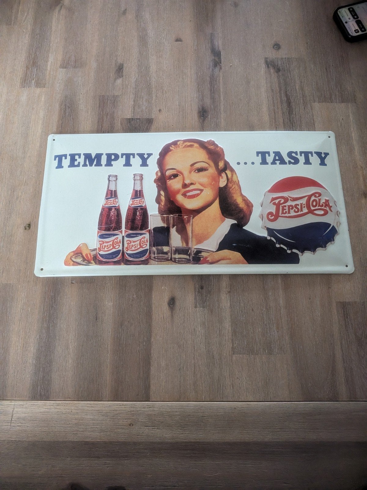 Vintage Pepsi-Cola Reclamebord - "Tempty... Tasty", Ophalen of Verzenden, Gebruikt, Reclamebord