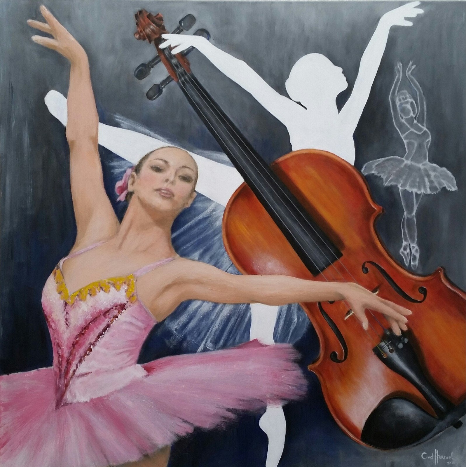 Schilderij 3D Acryl op Katoen - Ballerina en Viool 90x90cm, Antiek en Kunst, Ophalen, Handgeschilderd, Textiel, Figuren