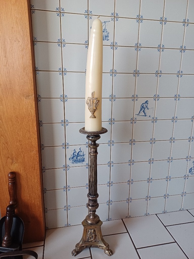 Kerk Kandelaar Verzilverd Hoogte 56 cm, Antiek en Kunst, Antiek | Kandelaars, Ophalen, Zilver