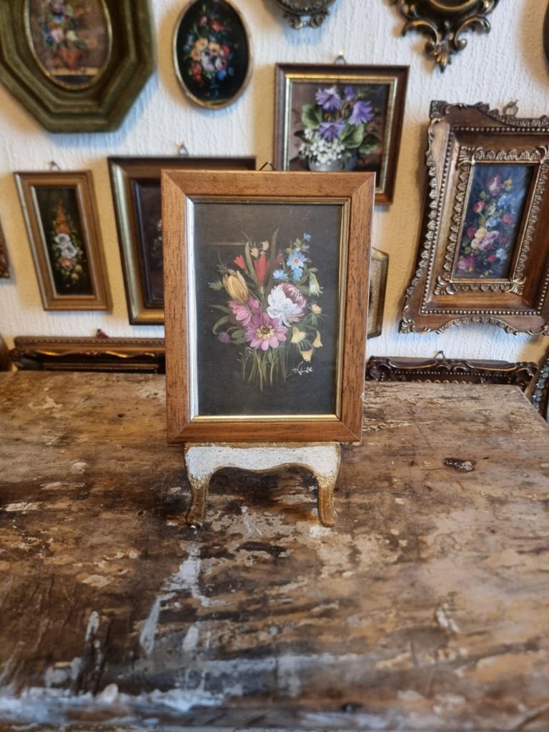 Oud schilderijtje lijstje bloemen prent zijde schapenweide, Ophalen of Verzenden