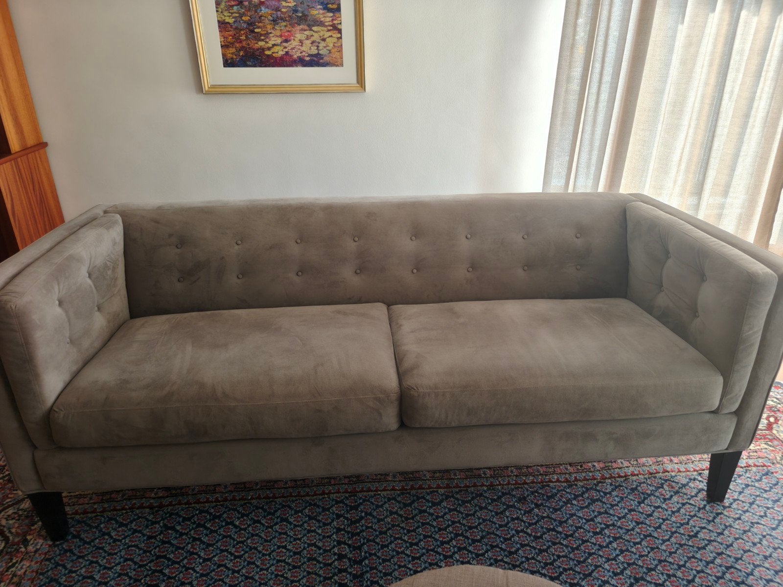 Crate&Barrel 3.5-zits bank, donkergrijs velour, Gebruikt, 75 tot 100 cm, Ophalen of Verzenden, Rechte bank