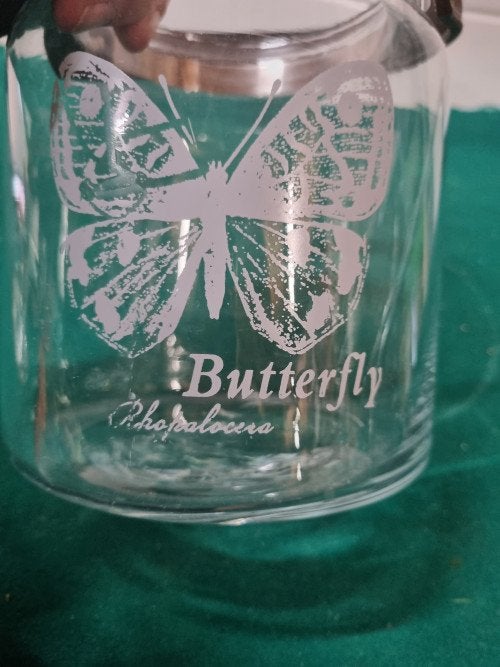 Deco glas pot met vlinder en leren hengsel, Ophalen of Verzenden, 'T Olde Gre-j, Info@toldegrej.nl, Endepoelstraat 20f Didam
