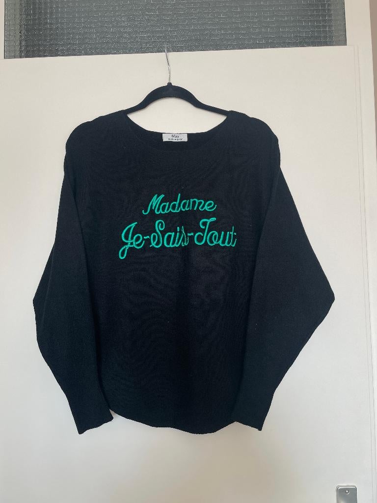 Zwarte sweater vleermuis mouw trui groene franse tekst mt 40, Maat 38/40 (M), Made in Italy, Zwart, Ophalen of Verzenden