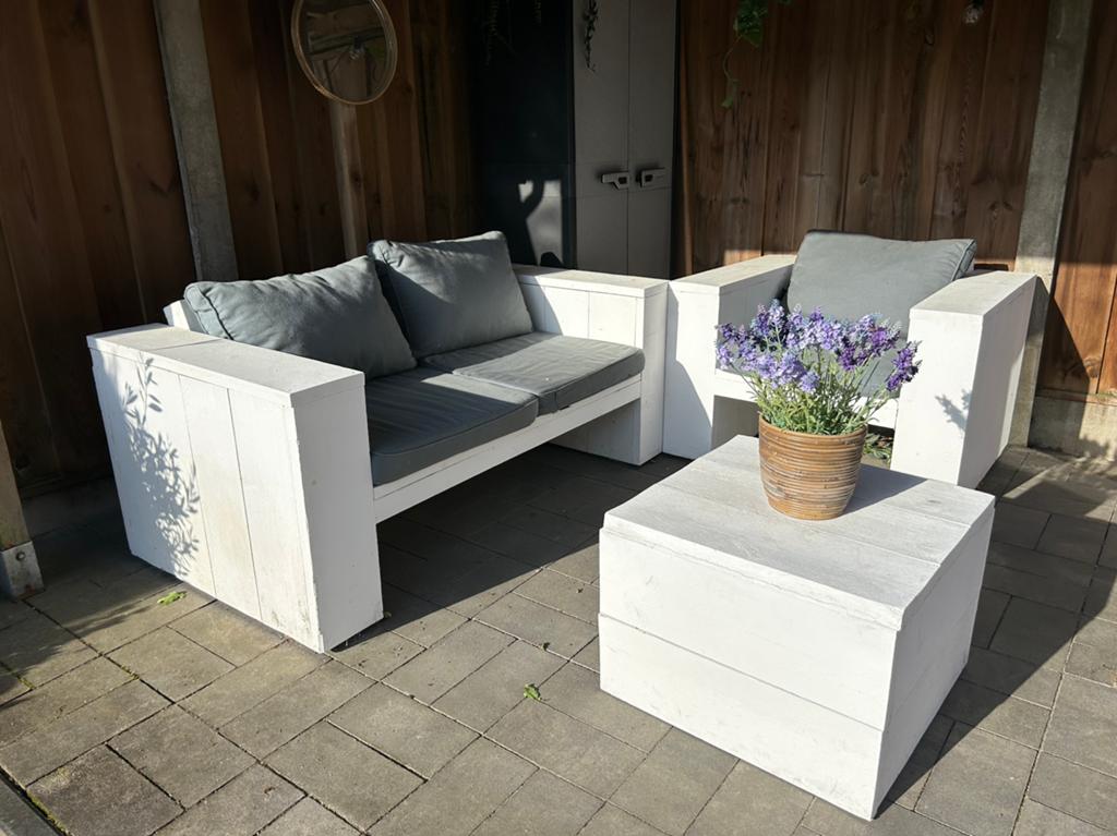 TEAB -Zeer goede steigerhouten loungeset met Madison kussens, Ophalen, Gebruikt, 3 zitplaatsen, Steigerhout