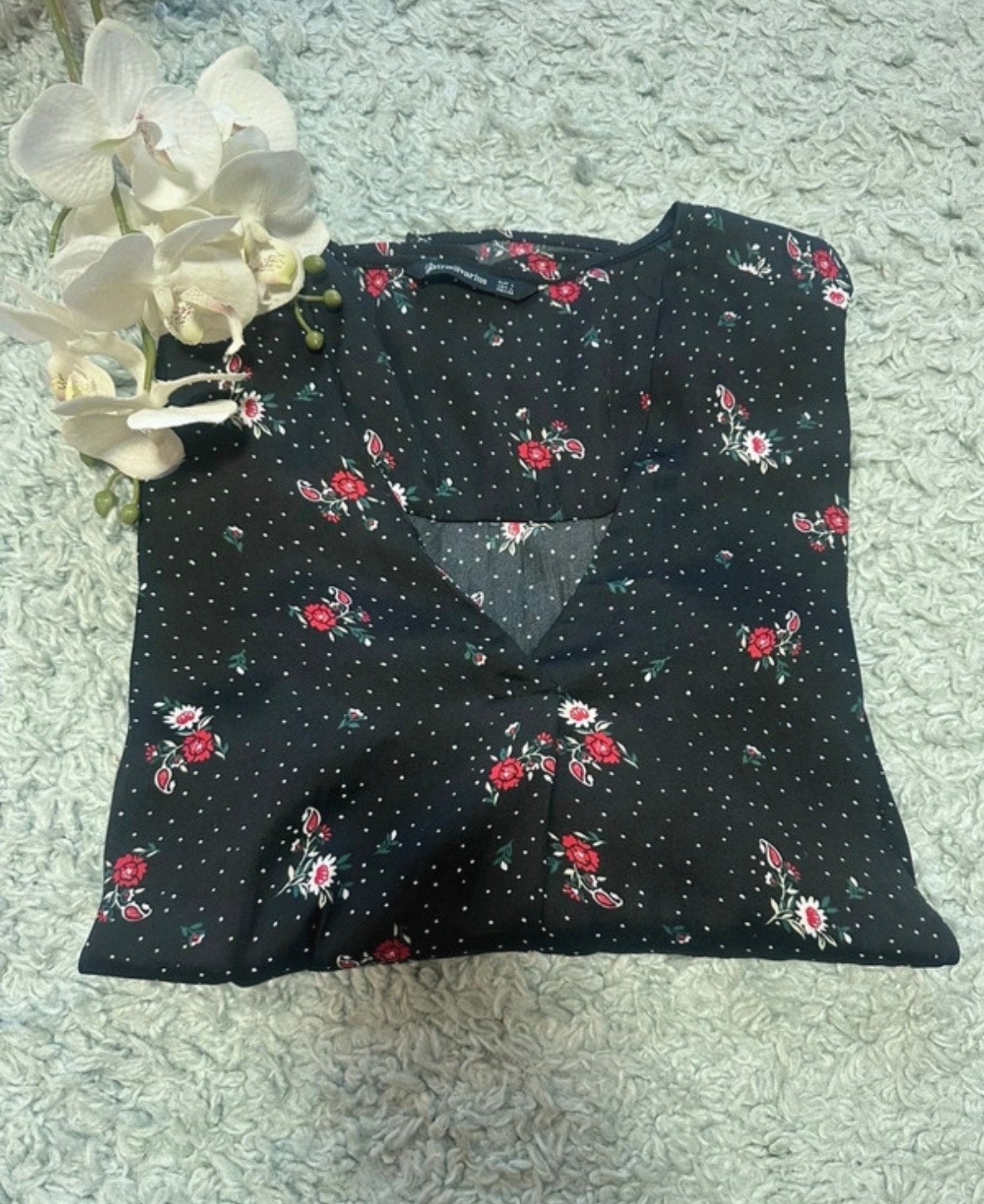 Leike blouse-top met bloemenprint van Strasivarius, maat L, Ophalen of Verzenden, Zo goed als nieuw, Maat 42/44 (L), Zwart