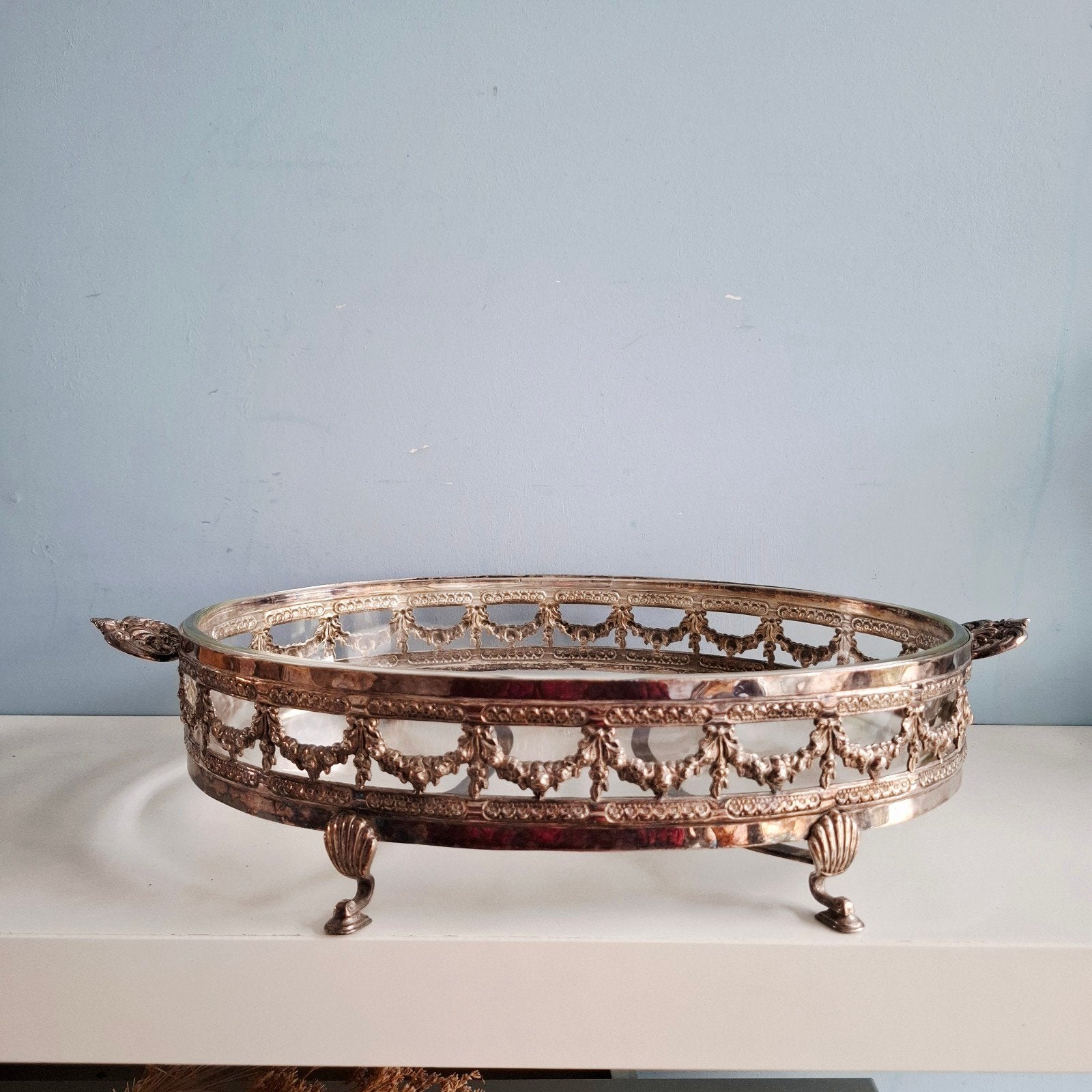 Simax, verzilverde jardinière met glazen inzet, Antiek en Kunst, Ophalen of Verzenden