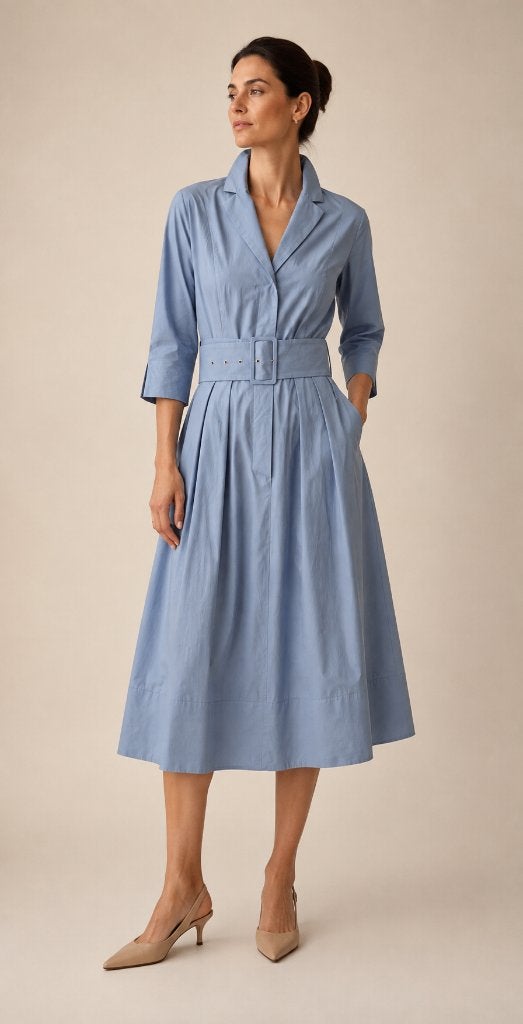 Natan lichtblauwe jurk met riem Quiet Luxury Old Money 38/40, Maat 38/40 (M), Zo goed als nieuw, Verzenden, Blauw