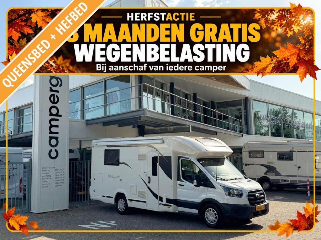 Benimar Tessoro 495 UP QUEENSBED + HEFBED XXL GARAGE 6.99M, Caravans en Kamperen, Standaard zit, Ford, 6 tot 7 meter, Bedrijf