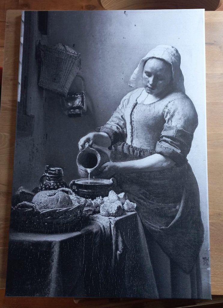 Melkmeisje Johannes Vermeer zwart.wit/grijs 90x60 @DOC61, Ophalen, Nieuw, Schilderij, 75 – 100