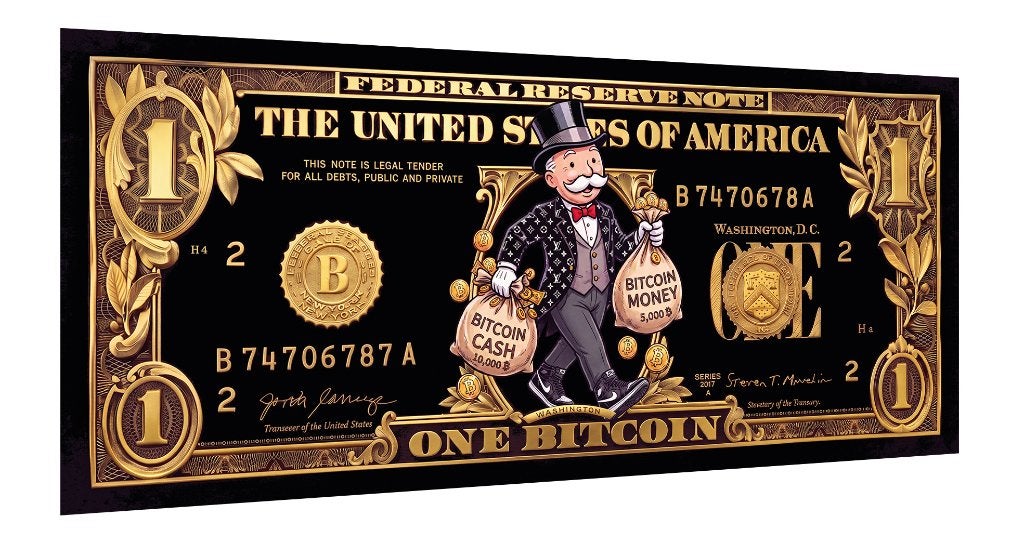 Monopoly Bitcoin biljet op plexiglas en canvas, Info@wallart4you.nl, Verzenden, Wall Art 4 You, Nieuw