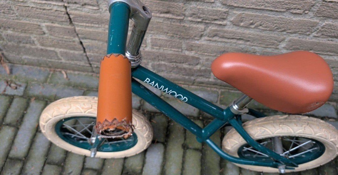 Banwood loopfiets - Groen met bruin zadel, Ophalen of Verzenden, Gebruikt, Minder dan 16 inch, Banwood