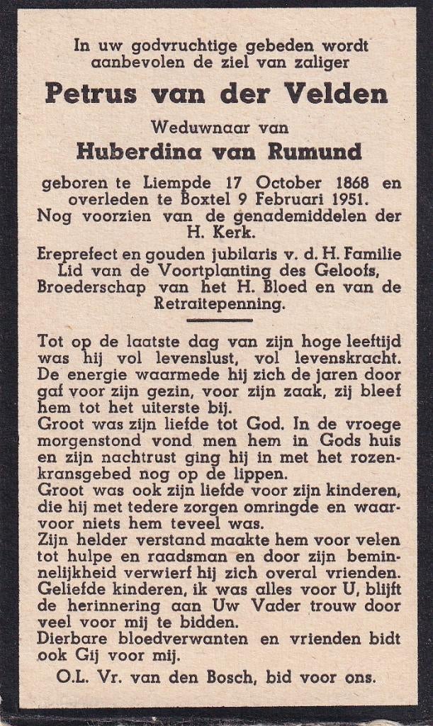Velden Petrus 1868 Liempde 1951 Boxtel, Ophalen of Verzenden, Bidprentje