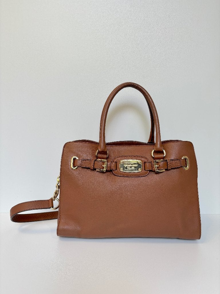 MICHAEL KORS Bruin leer goud plate HAMILTON schouder bag tas, Ophalen of Verzenden, Zo goed als nieuw, Bruin, Schoudertasje