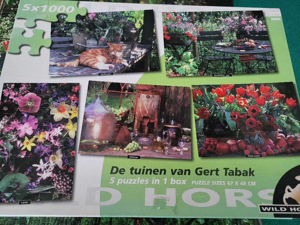 5 Tuin-puzzels in 1 doos. 5x1000 stukjes, Ophalen of Verzenden, Meer dan 1500 stukjes, Zo goed als nieuw, Legpuzzel