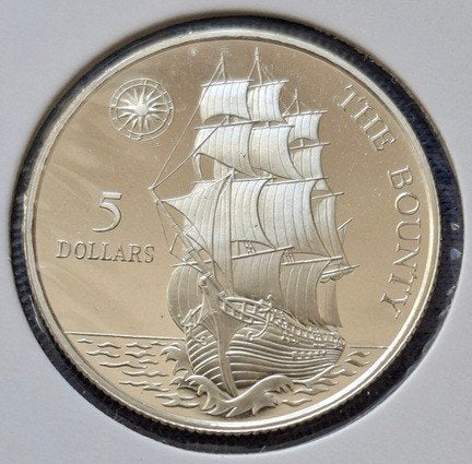 Niue 5 dollars 1992 Km 55 HMS Bounty, Verzenden, Losse munt, Zilver