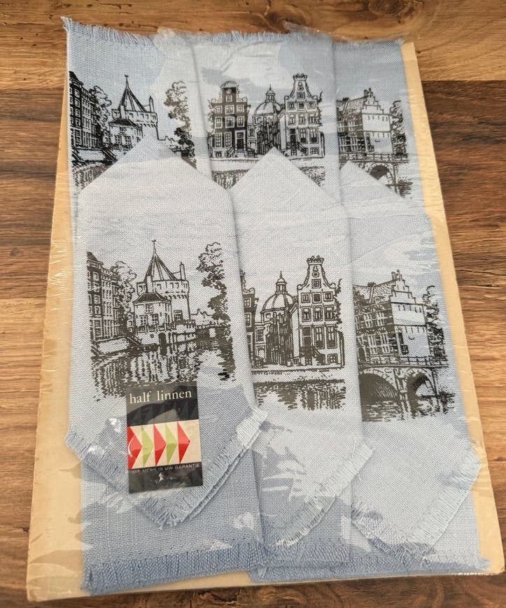 Zes Nieuwe linnen servetten met grachtenpandjes, Linnen, Nieuw, Ophalen of Verzenden, Servet