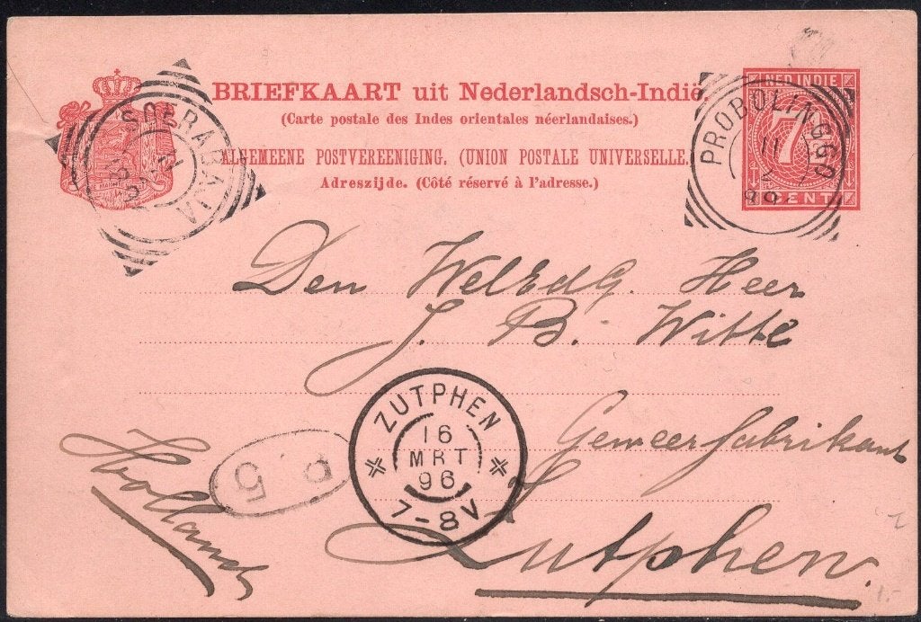 VK117 Kaart Nederlands Indie Vierkantstempel Probolinggo, Postzegels en Munten, Ophalen of Verzenden, Briefkaart