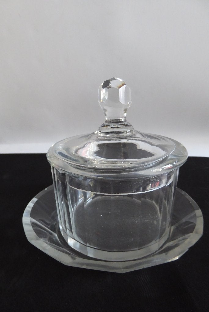 Kristallen bonbon pot met deksel en schotel, geslepen, Antiek en Kunst, Ophalen of Verzenden