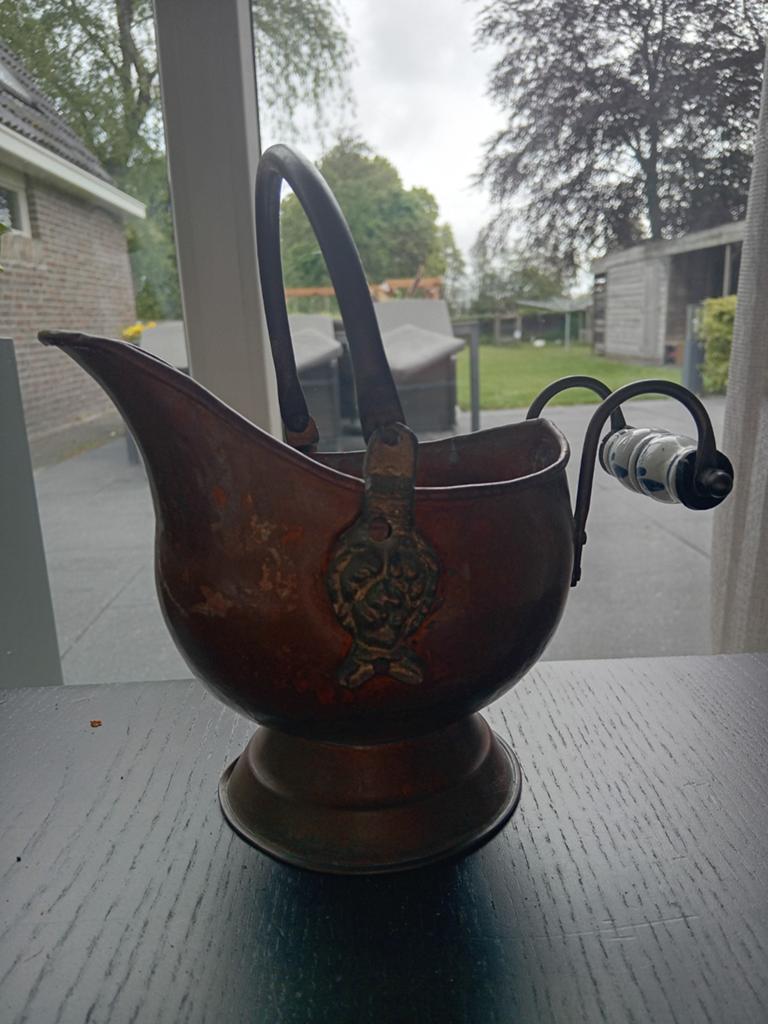 Antieke koperen kolenkit met porseleinen handvat, Antiek en Kunst, Antiek | Koper en Brons, Koper, Ophalen of Verzenden