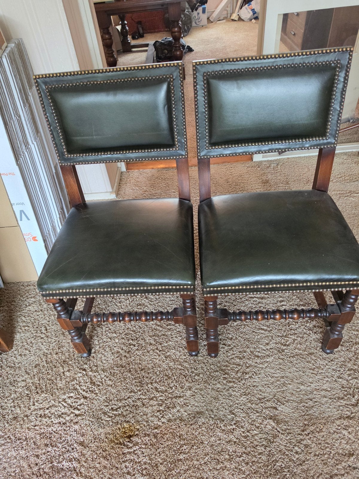 Set van 4 Vintage Eetkamerstoelen - Groen Leer & Hout, Antiek en Kunst, Ophalen