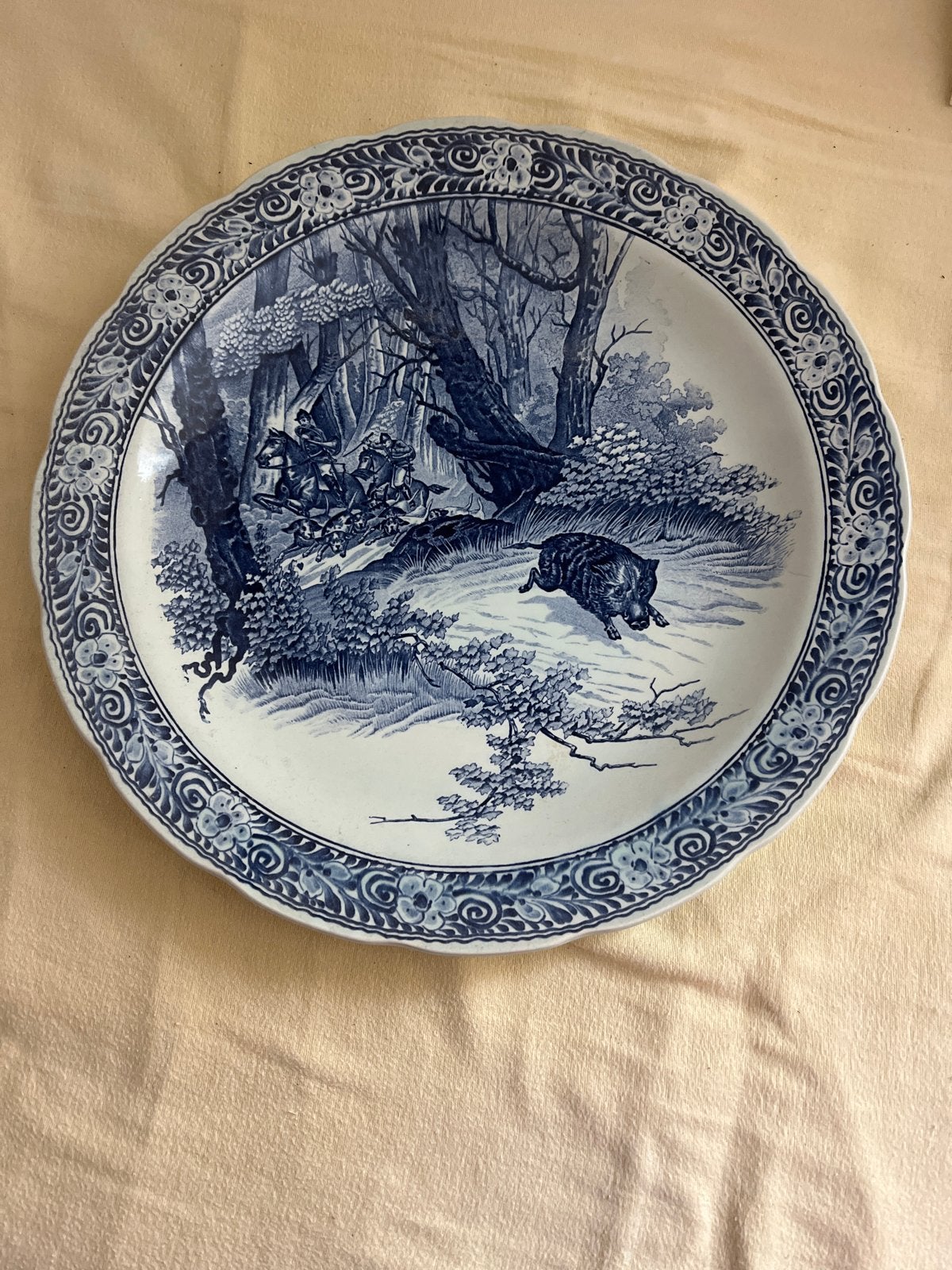 Antiek Boch Delfts Blauw Bord - Everzwijn Jacht, Ophalen