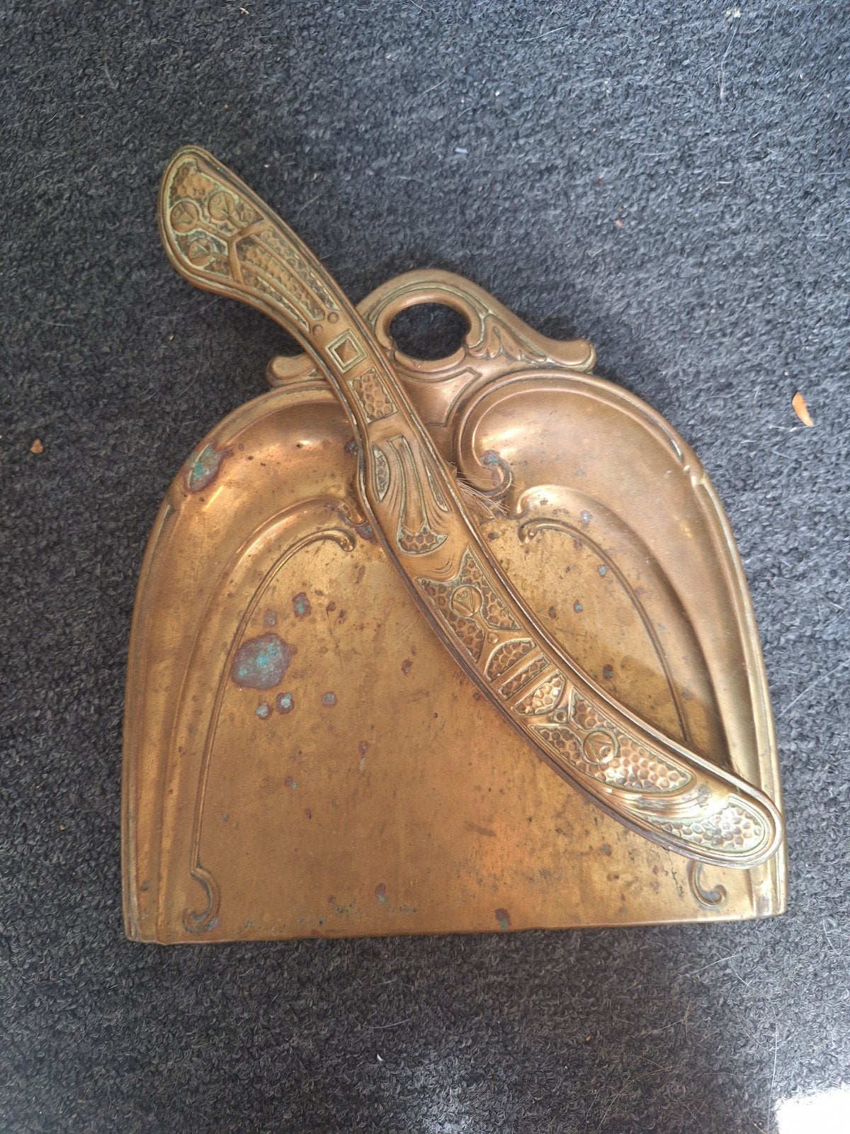 Antieke messing stoffer en blik set, Ophalen of Verzenden, Koper