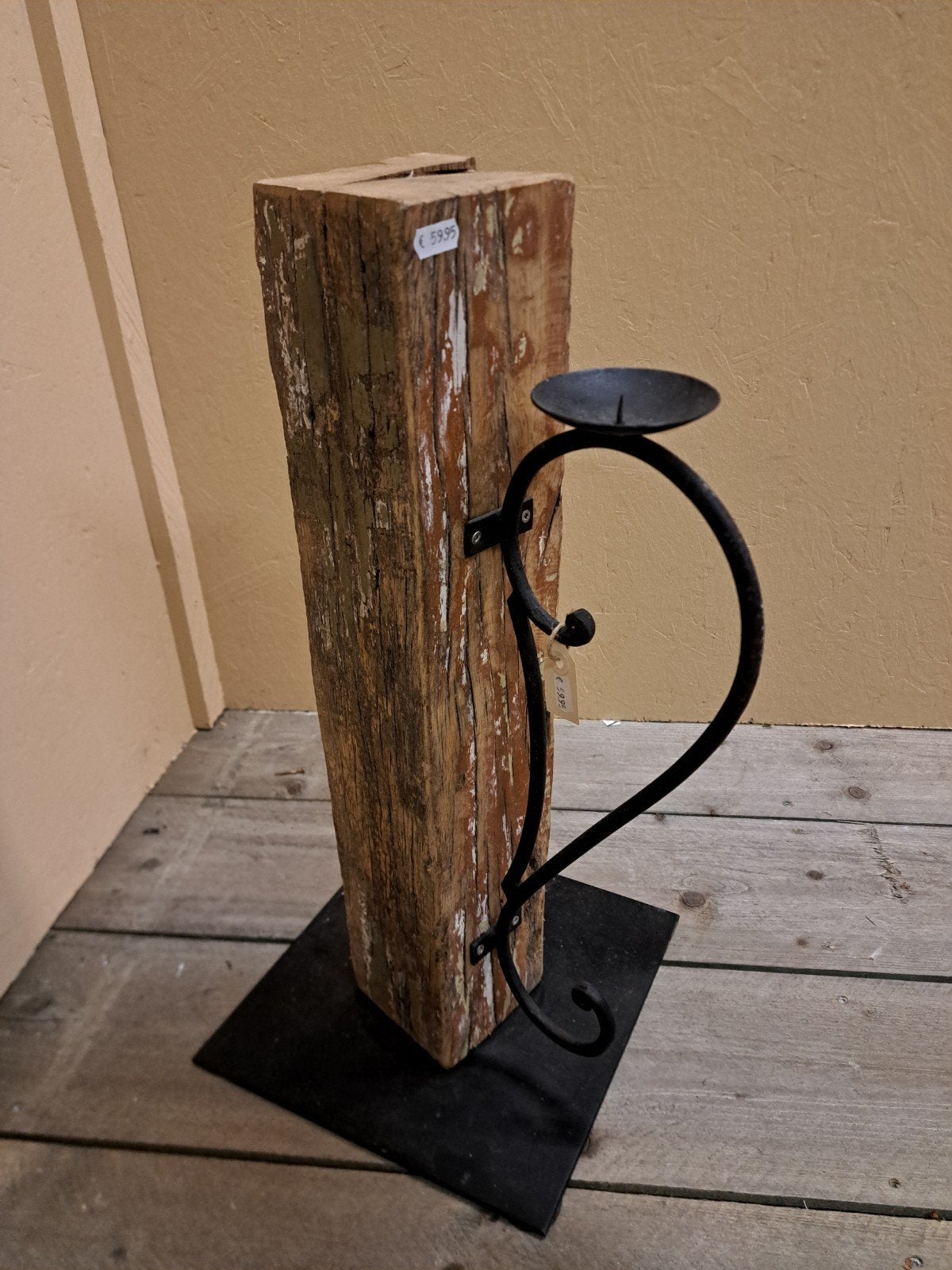 Kandelaar Kaars 62cm Oud Hout Zuil Paal Stolpkaars Metaal, Ophalen of Verzenden, Nieuw