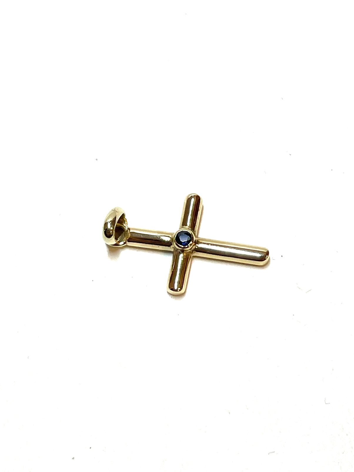 14k gouden kruis hanger met een saffier, -, Blauw, -, Ophalen of Verzenden
