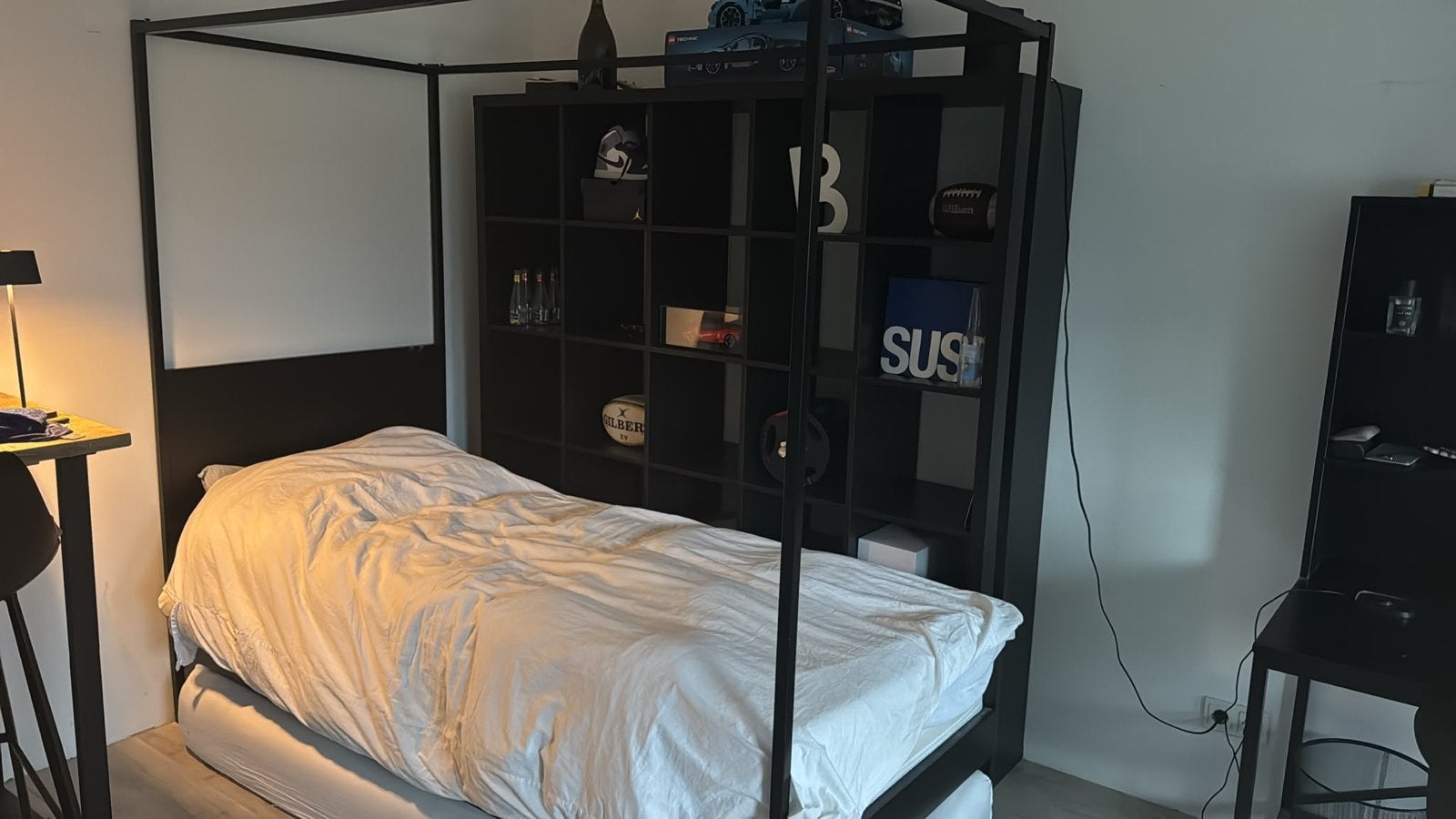 Zwart metalen hemelbed met lattenbodem, Ophalen, Gebruikt, 90 cm, Eenpersoons