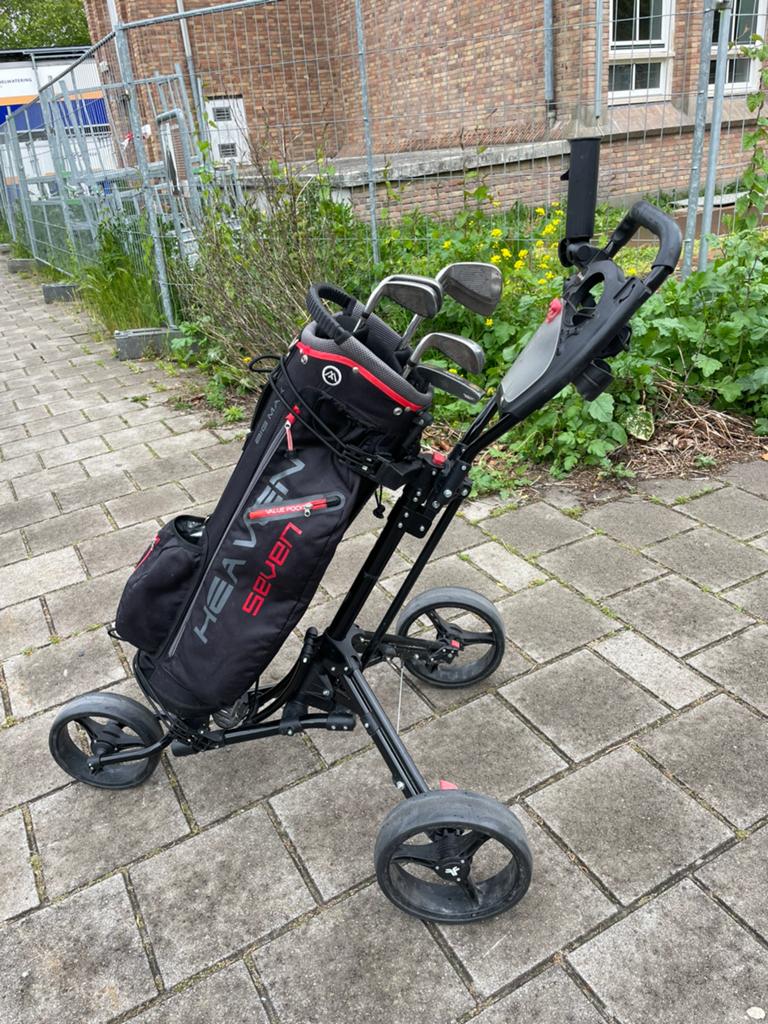 Golfset: Golftas, golfclubs en opvouwbare golfkar, Sport en Fitness, Golf, Ophalen, Gebruikt, Overige typen, Overige merken