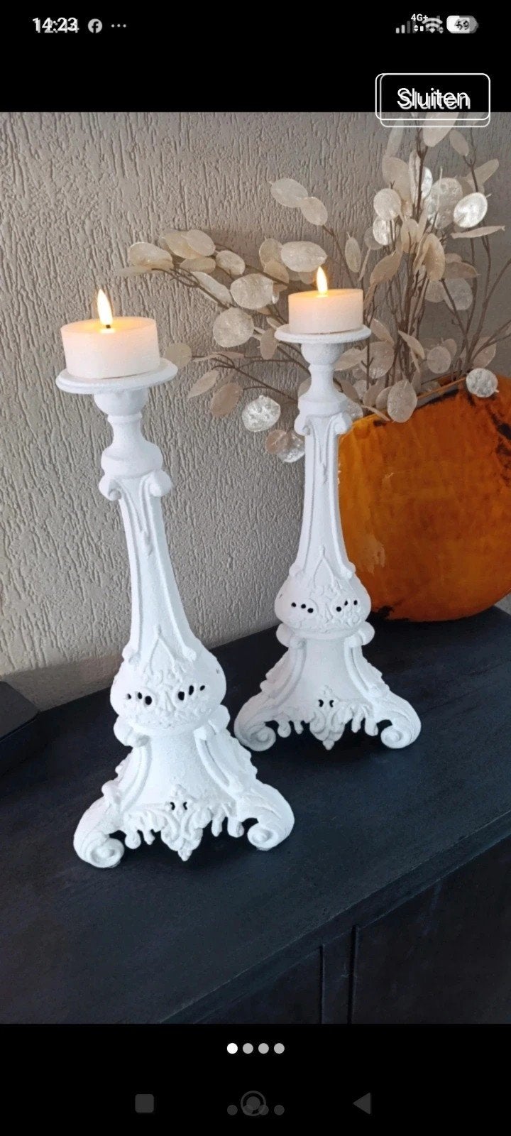 Set van 2 gietijzeren kandelaars, wit geverfd, Gebruikt, Wit, Ophalen of Verzenden, Metaal