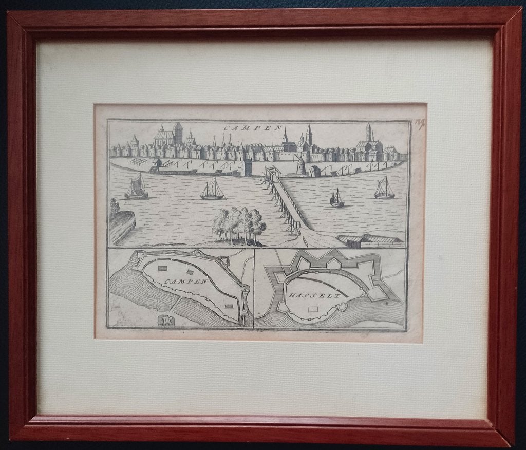 Antieke Gravure: Stadsgezicht Kampen en Hasselt (ca. 1700), Stadsgezicht, Ophalen of Verzenden, Gravure, Ingelijst