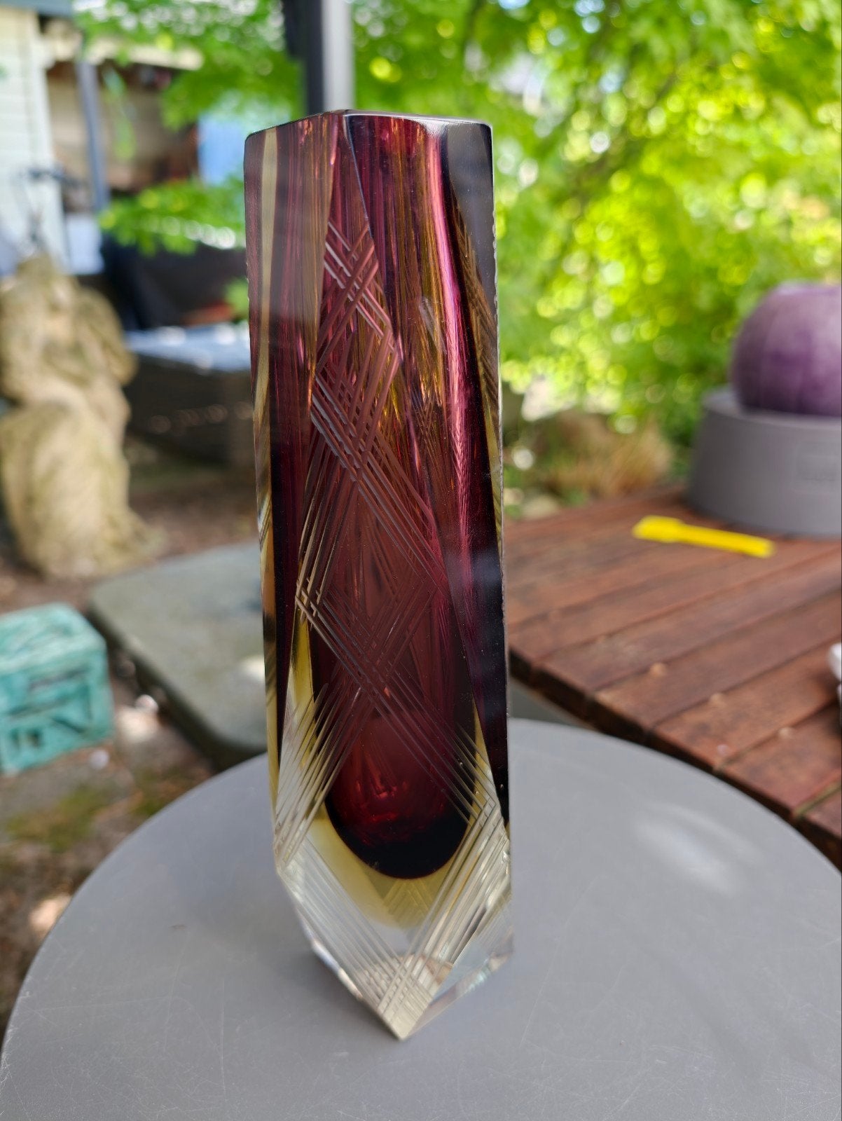 Flavio Poli Murano geëtste vaas, rood/geel glas, Verzenden