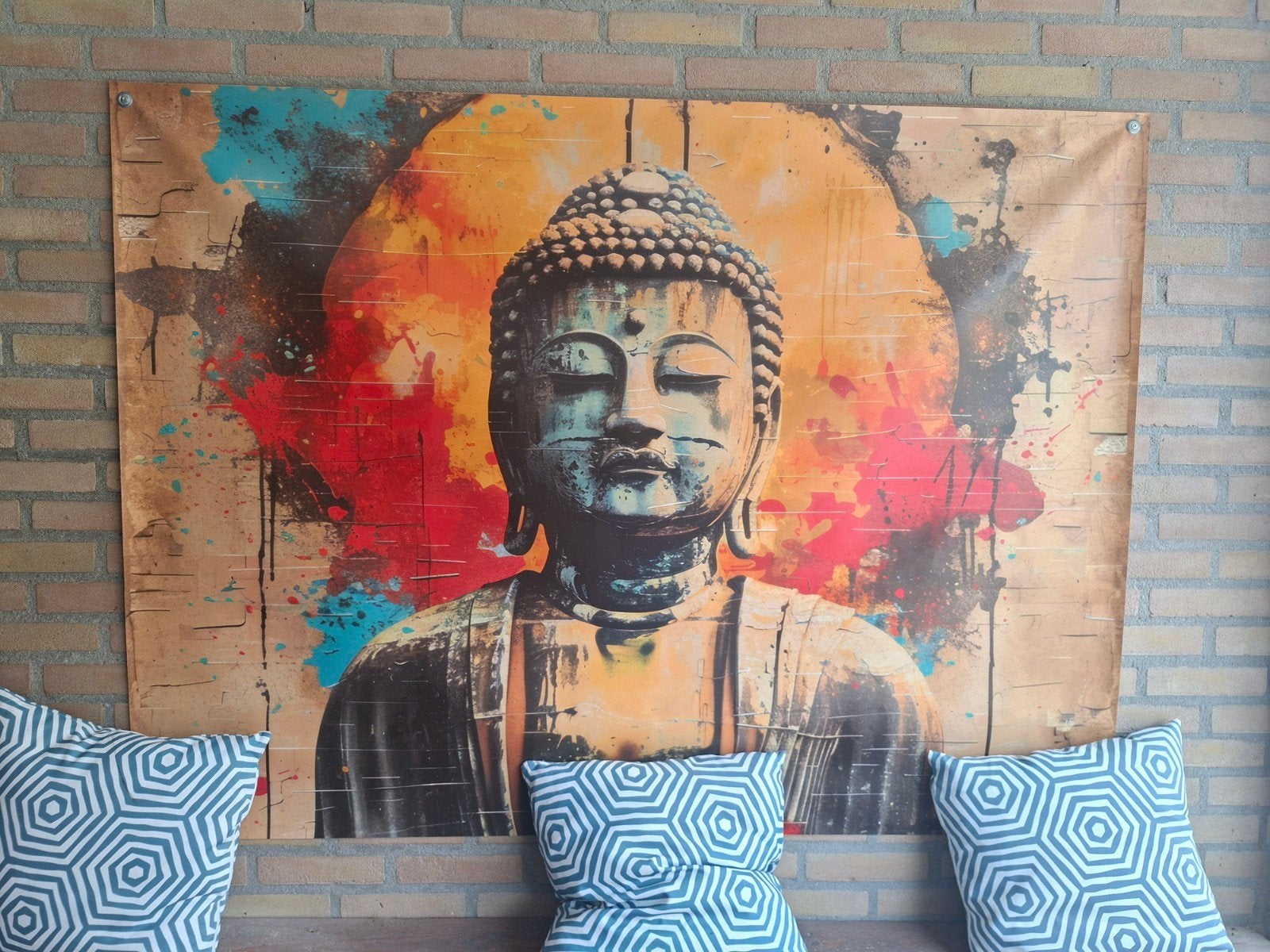 Tuinposter Boeddha 180x120 cm met 4 bevestigingsogen, Tuin en Terras, Tuinwanddecoratie, Ophalen of Verzenden, Zo goed als nieuw