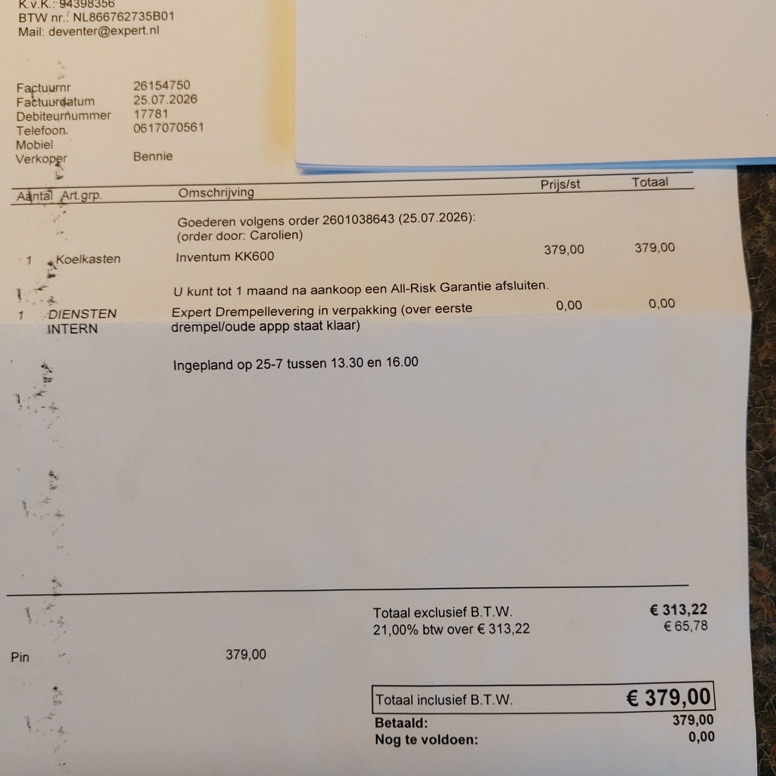 Koelkast Inventum KK600 2 mnd oud