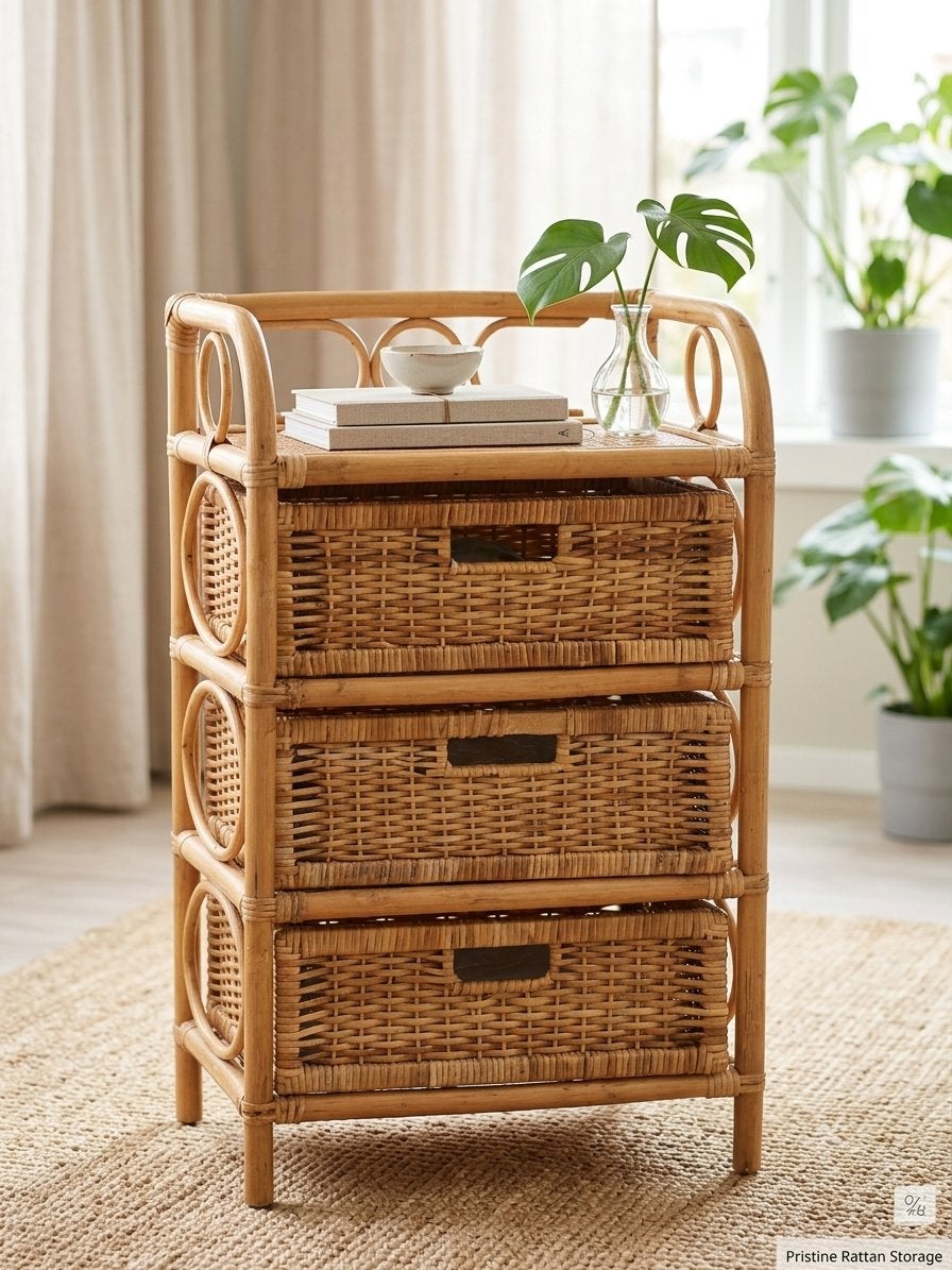 Rotan ladekastje met 3 laden, Gebruikt, 100 tot 150 cm, 3 of 4 laden, 25 tot 50 cm