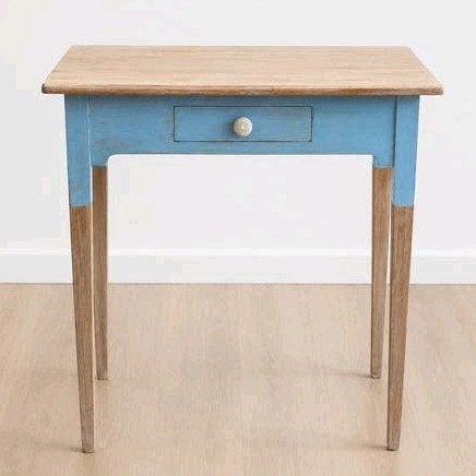 Grenen tafel met lade, blauw porseleinen knop, Ophalen