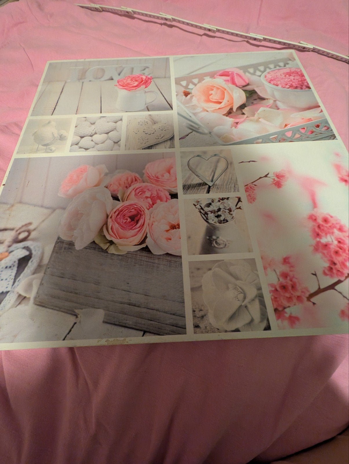 Canvas schilderij roze bloemen collage, 50 – 75, Gebruikt, Ophalen of Verzenden, Schilderij
