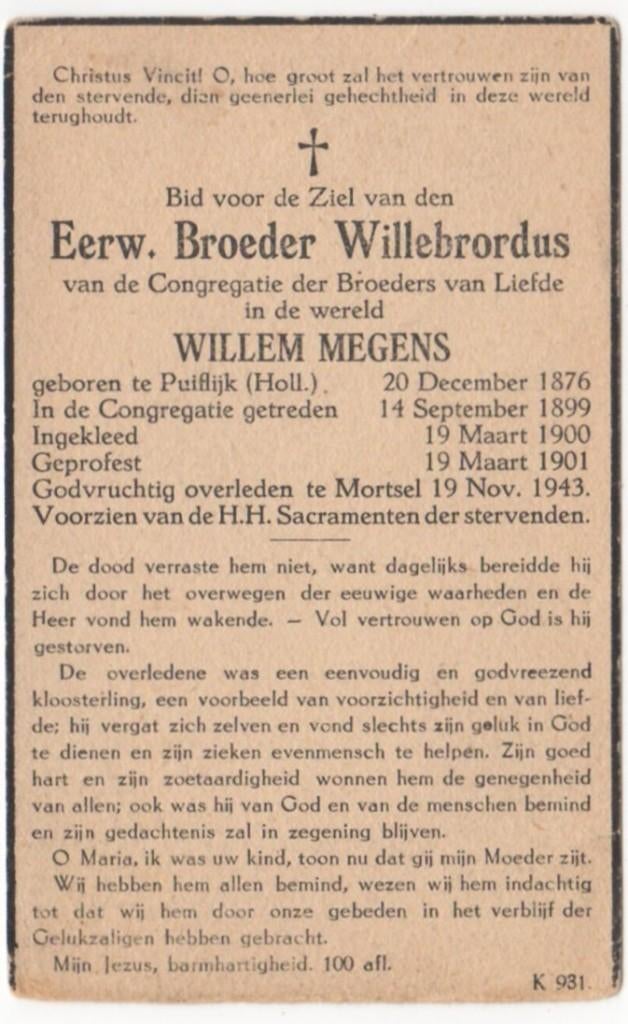 broeder Willem Megens 1876 Puiflijk + 1943 Mortsel, 66 jaar, Verzenden